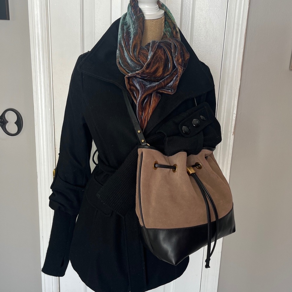 ZARA Brown Suede Bucket Bag Black Leather Trim Drawstring Crossbody Chic City - Picture 13 of 13